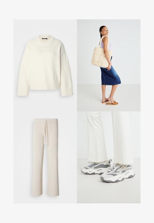 Pull couleur crème avec un col rond côtelé et un ourlet côtelé. Présente des épaules tombantes et une coupe décontractée, fabriqué en tissu doux.; Pantalons larges beiges en tissu doux, dotés d'une taille élastique avec cordon de serrage et d fentes sur les côtés à l'ourlet.; Baskets athlétiques chunky de couleur gris clair, présentant un mélange de matériaux en maille et textile, avec des accents à motifs et une épaisse semelle en caoutchouc.; Sac en toile beige matelassé avec de larges poignées, design spacieux et texture douce, porté par une personne vêtue d'un haut violet clair et d'une jupe en denim bleue.