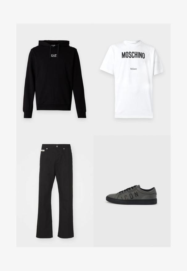 Schwarzer Baumwoll-Hoodie mit einer Kängurutasche vorne, verstellbarer Kapuze mit Kordelzug und weißem EA7-Logo auf der Brust. Lange Ärmel und gerippte Bündchen.; Weißes Baumwoll-T-Shirt mit auffälligem schwarzen "MOSCHINO"-Schriftzug und kleinem "Milano" darunter. Kurzärmlig mit klassischem Rundhalsausschnitt.; Schwarze Baumwollhose mit geradem Bein, mit einem Frontknopfverschluss, zwei seitlichen Taschen und einem kleinen Markenetikett am Bund.; Grauer Ledersneaker mit schwarzer Sohle, seitlich mit dem Schriftzug „ICON“ und schwarzen Schnürsenkeln. Glatte Textur und minimalistisches Design.