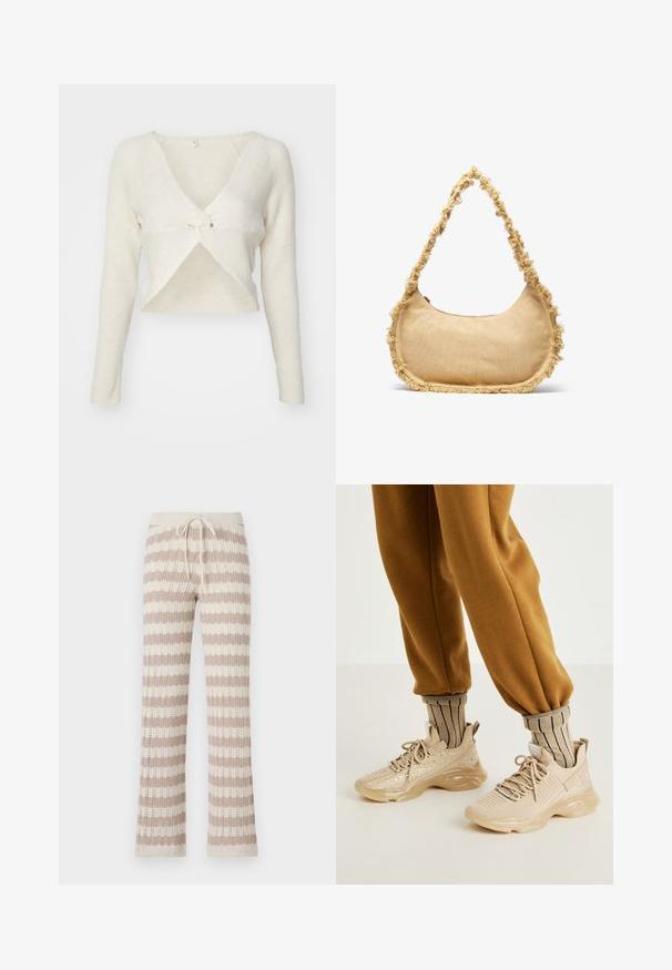 ONLY ONLLARISA V NECK - Pullover - cloud dancer; Pantalons d'intérieur tricotés avec des rayures verticales beige et crème, dotés d'une taille à cordon et d'une texture tricotée ouverte.; Chaussures de sport beiges avec tige en mesh, paillettes décoratives et semelle en caoutchouc épaisse. Associées à des chaussettes beiges rayées et un pantalon de jogging marron.; Sac beige texturé de forme arrondie, avec un bord effiloché tout le long des bords et une courte sangle pour le porter. Ouverture zippée en haut.