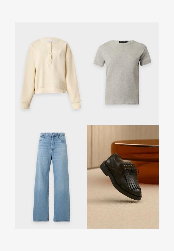 Sweat henley crème à manches longues avec poignets côtelés, col rond et patte de boutonnage comportant quatre boutons sur le devant.; T-shirt en coton gris clair à manches courtes et col rond avec une étiquette noire visible à l'intérieur du col indiquant "DENIM" et la taille "S."; Jean bleu clair taille haute à jambes droites avec fermeture devant par bouton et zip, poches avant et arrière, et passants pour ceinture.; Chaussure en cuir noire à lacets avec franges décoratives et clous métalliques posée sur un tapis beige près d'un meuble marron.