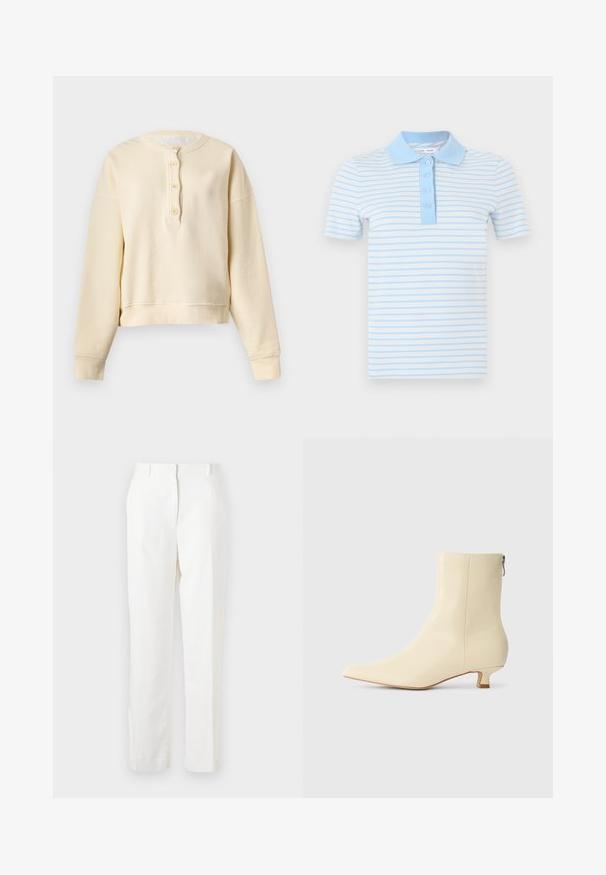 Μπλούζα Henley με μακριά μανίκια σε κρεμ απόχρωση, ριμπ μανσέτες, στρογγυλή λαιμόκοψη και πατιλέτα με τέσσερα κουμπιά μπροστά.; Πανί πόλο με ανοιχτό μπλε και λευκές ρίγες, φτιαγμένο από απαλό ύφασμα. Διαθέτει μονόχρωμο ανοιχτό μπλε γιακά και λαιμόκοψη με τέσσερα κουμπιά. Κοντά μανίκια.; Λευκά, παντελόνια με ίσια γραμμή φτιαγμένα από ελαφρύ ύφασμα με ελαφριά υφή. Περιλαμβάνουν μπροστινές τσέπες και μια μόνο πιέτα για πρόσθετη λεπτομέρεια.; Μπεζ μποτάκι αστραγάλου από λείο δέρμα, με μυτερή μύτη, χαμηλό τετράγωνο τακούνι και πλευρικό φερμουάρ για εύκολη χρήση.