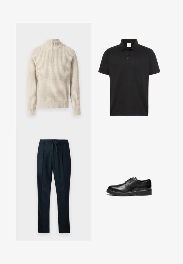 Beige lynlås sweater med høj krave, der har et struktureret vaffelmønster og ribkantede ærmer og kant. Lavet af blødt stof.; Sort kortærmet polo med krave og tre knapper, med diskret Calvin Klein-logo på brystet.; Marineblå bukser lavet af tekstureret stof, med elastisk talje, lige ben og to frontfældinger for et skræddersyet udseende.; Sorte læderdress sko med brogue detaljer, rund tå og tekstureret sål. Har klassisk snøre og en solid hæl for støtte.