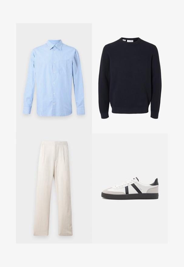 Navyblå langærmet strikket sweater med rund hals og ribstrikkede manchetter og bund, lavet af struktureret stof.; Lyseblå og hvid stribet langærmet skjorte med knaplukning og en enkelt brystlomme. Simpel, klassisk design på en neutral baggrund.; Lys beige vidde bukser lavet af tekstureret stof, med en elastisk talje og to frontfolder for ekstra detaljer.; Hvide sneakers med sorte og grå detaljer, med en tekstureret grå tåhætte, sort gummisål og flade hvide snørebånd. Rent design, minimalistisk stil.
