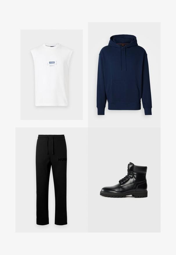 Sweat à capuche bleu marine en tissu doux, avec une poche kangourou à l'avant, des cordons de serrage et des poignets côtelés, orné d'un logo discret.; T-shirt blanc sans manches à col rond avec un patch rectangulaire centré du logo HUGO en bleu et blanc sur la poitrine.; Pantalon de survêtement noir avec une ceinture élastique, un cordon de serrage et un petit logo "HUGO" embossé sur le côté gauche. Texture lisse, coupe droite.; Bottine en cuir noir avec une finition brillante, design à lacets, col rembourré et semelle en caoutchouc robuste avec des grips de traction.