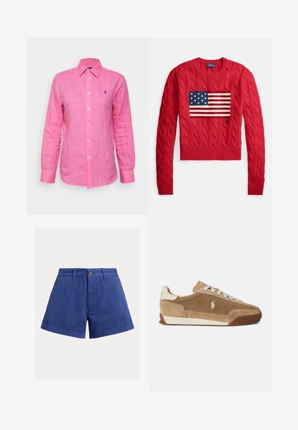Rode kabelgebreide trui met een ronde hals, met een grote Amerikaanse vlag in blauw, rood en wit over de borst.; Langskoppige, gebuttonde shirt in felroze linnen, met een klein blauw logo op de linkerborst en witte knopen aan de voorkant.; Blauwe katoenen shorts met hoge taille, een knoopsluiting aan de voorkant, riemlussen en zijzakken tegen een effen achtergrond.; Lichtbruine suède sneakers met een laag profiel, crèmekleurige accenten, vetersluiting en een rubberen buitenzool. Voorzien van een klein logo aan de zijkant.