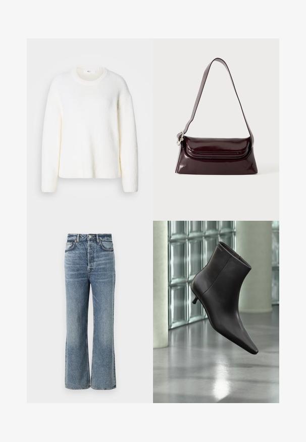 Hvid, blød sweater med rund hals, sænkede skuldre og ribbede ærmer og kant. Enkel, udekoreret design.; Lysblå højtaljede jeans med bred benudskæring, afsluttet med subtilt falming, fem-lomme design og metalknap hardware.; Sort læderankelstøvle med spids tå og lille hæl vist mod en væg af glasblokke og poleret gulv baggrund.; Mørk bordeaux skuldertaske i læder med klaplukning og en tynd justerbar rem, vist på en ensfarvet lys baggrund.