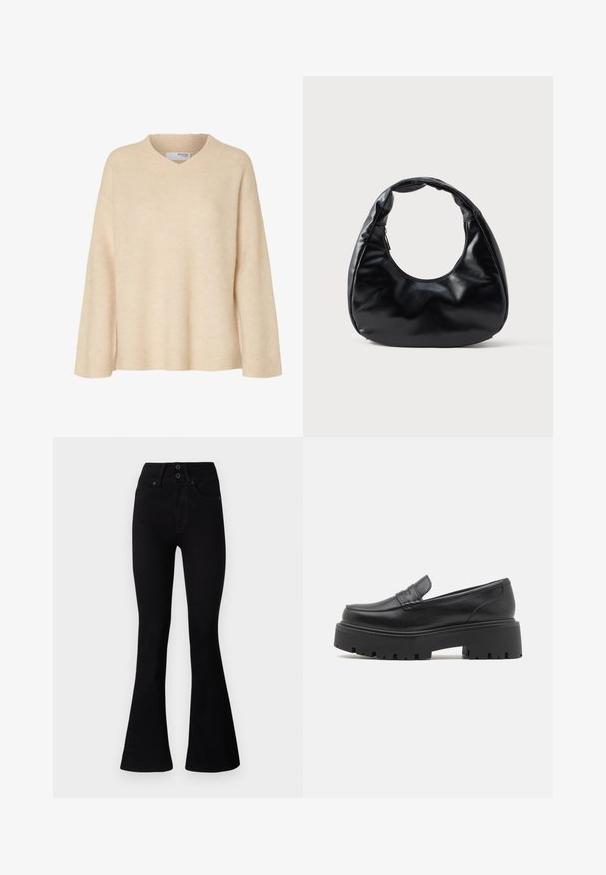 Beige langærmet sweater med V-udskæring og ribstrikket krave, lavet af blødt strikstof, designet til kvinder.; Pepe Jeans FLARE CONTOUR - Flared jeans - black denim; Sorte læder loafers med en lav, grov gummi sål, syede detaljer på overdelen og en glat overflade.; Sort faux læder håndtaske med en unik halvmåneform, et bredt, polstret håndtag og en lynlåslukning. Glat, blank tekstur og minimalistisk design.
