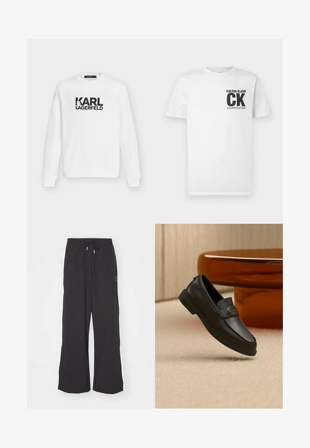 Weißes Sweatshirt mit langen Ärmeln, schwarzem "KARL LAGERFELD"-Logo und einer kleinen Grafik einer Person mit Sonnenbrille im Buchstaben K.; Weißes Baumwoll-T-Shirt mit einem schwarzen "CALVIN KLEIN" Logo und dem Schriftzug "CK Established 1968" auf der linken Brustseite. Kurzärmlig, klassischer Schnitt.; Schwarze weite Sweatpants mit elastischem Bund und Kordelzug. Mit weißen Seitenstreifen und zwei Seitentaschen. Glatte Textur.; Schwarzer Leder-Schlupfschuh mit gesteppten Akzenten, erhöhtem Schaft und flacher Gummisohle, auf einer weichen beigen Oberfläche platziert.
