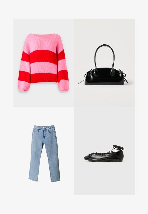 Strikket sweater med markante, vandrette striber i klar rød og blød rosa. Rund halsudskæring, brede ærmer og ribbet kant.; Lyseblå denim jeans med lige ben design, fem-lomme stil og en taljebranding. Har lysnede områder for tekstur.; Sorte balletflade sko i laklæder med rundet tå, snørelukning og flad sål. Glat tekstur med få detaljer.; Lille sort blank håndtaske med to lange håndtag og snøre-detaljer i siden på en ensfarvet lys baggrund.