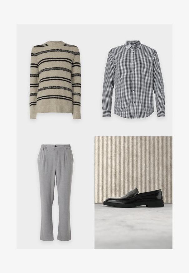 Suéter beige con rayas negras, textura de punto, diseño de cuello redondo y mangas largas. Presenta rayas de diferentes grosores para un detalle estilizado.; Camisa de manga larga a cuadros en blanco y negro con cierre de botones y cuello doblado. Presenta un ajuste slim y un pequeño logo en el pecho.; Pantalones grises con tejido texturizado, con cierre de botón y cintura elástica. Diseño de pierna recta con pliegues laterales.; Zapato loafer de cuero negro pulido flotando sobre una alfombra beige con muebles translúcidos naranjas de fondo.
