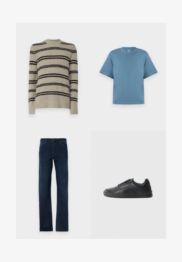 Beige sweater med sorte striber, strikket tekstur, rund halsudskæring og lange ærmer. Har varierende stribet tykkelse for detaljer.; Blå kortærmet t-shirt, lavet af bomuld, med rund hals og løs pasform. Glat tekstur, minimalistisk design, uden mønstre eller accenter.; Mørkeblå denim jeans med lige ben, fem lommer, knapåbning og kontrasterende syninger langs sømmene.; Sorte lædersneakers med en glat finish, rund tå, struktureret sidelæder og sorte snørebånd. Har en flad gummisål og et minimalistisk design.