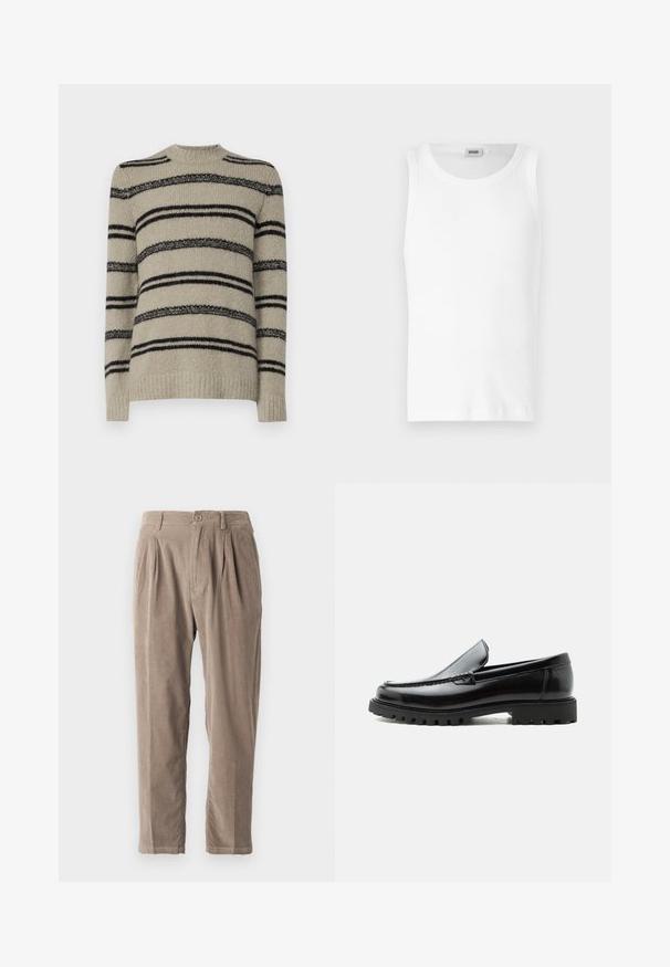 Beige sweater med sorte striber, strikket tekstur, rund halsudskæring og lange ærmer. Har varierende stribet tykkelse for detaljer.; Hvid bomulds tanktop uden ærmer med rund halsudskæring og en glat tekstur. Enkel design, ingen mønstre eller accenter.; Beige corduroy bukser med en afslappet pasform, der har plisseringer, knaplukning og sidelommer, tekstureret overflade og tapered bendesign.; Sort læderloafer med chunky gummisål, syet overdel og præget mærkenavn på hælen, vist i sideprofil på hvid baggrund.