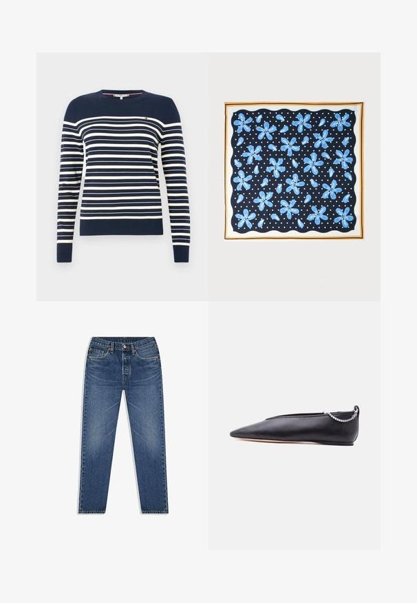 Marineblå sweater med hvide vandrette striber, rund hals og lange ærmer. Fremstillet af blødt, strikket stof med et lille logo på brystet.; Blå denim jeans med lige ben-design, der har knap- og lynlåsgylpter, fem lommer og subtilt slid i vasken.; Sort læder flad sko med spids tå, lav hæl og sølvkæde detalje bagpå mod en ensfarvet baggrund.; Firkantet tørklæde med marineblåt baggrund, hvide polkaprikker, blå blomsterprint og bølgete hvide og sennepsfarvede kanter.