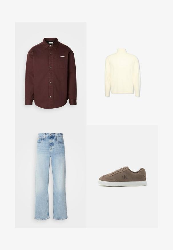 Pull col roulé crème à manches longues avec des poignets côtelés et un logo discret sur la poitrine, présenté sur un fond blanc uni.; Chemise boutonnée bordeaux en tissu coton, avec un col, des manches longues, une poche poitrine et une étiquette logo discrète sur la poche.; Jean large bleu clair à taille haute, avec une finition délavée, des passants de ceinture et un design classique à cinq poches. L'ourlet est brut.; Baskets basses en daim taupe avec lacets beiges, semelle en caoutchouc blanche et logo subtil "cK" sur le côté.