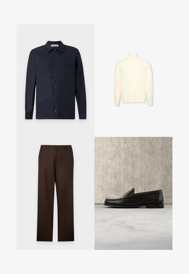 Kremfarvet langærmet højhalset sweater med ribbet manchetter og et diskret logo på brystet, vist på en ensfarvet hvid baggrund.; Samsøe Samsøe TAKA JO OVERSHIRT - Skjorter - dark blue; Brune, skræddersyede bukser med lige ben-design, knaplukning og glat stoftekstur. Ingen synlige mønstre eller accenter.; Sort læder penny loafer med lav hæl, rundet tå og syningsdetaljer langs fronten og siderne, vist på neutral baggrund.