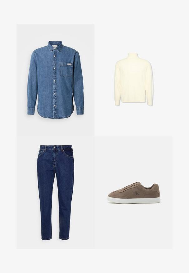 Kreemikas pikkade varrukatega kõrge kaelusega kampsun, soonikkoes varrukasääred ja tagasihoidlik logo rinnal, esitatud valgel taustal.; Keskmise sinise värvusega denimpooltüübi särk, millel on nupuga krae, pikad varrukad, eesmine tasku ja valged nupud. Omab veidi kõverat alumist serva.; Tumesinised sirge säärega teksapüksid esi- ja tagataskute, eest lukustuva nööbi ja tõmblukuga ning vööaasadega.; Taupe värvi seemisnahast madala lõikega tossud beežide paelte, valge kummist tallaga ja tagasihoidliku "cK" logoga küljel.