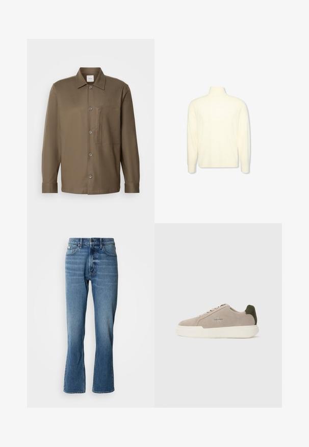 Pull col roulé crème à manches longues avec des poignets côtelés et un logo discret sur la poitrine, présenté sur un fond blanc uni.; Chemise brune à manches longues, avec col, poche poitrine et texture lisse. Comprend des boutons gris sur le devant.; Jeans en denim bleu clair avec une coupe droite et une légère évasée. Comprend cinq poches, une fermeture à bouton et des détails de décoloration subtils.; Baskets en suède beige avec une semelle en caoutchouc blanche, présentant un accent de talon vert foncé et une branding subtile sur le côté.