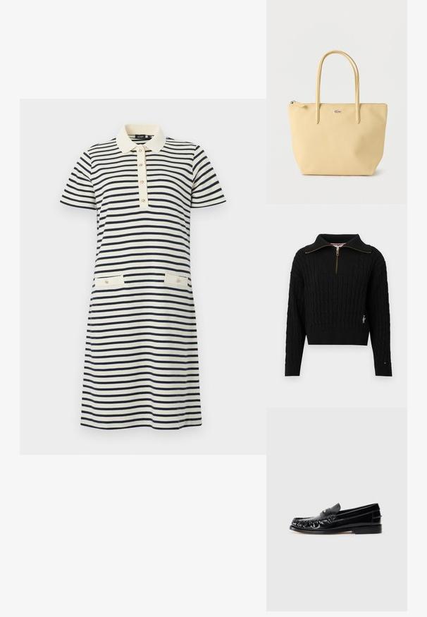 Pull en maille noire avec col montant, devant zippé, poignets côtelés et ourlet. Présente un motif texturé et un détail logo sur le côté.; Robe à manches courtes, longueur genou, avec des rayures horizontales bleu marine sur fond blanc, un col blanc, un plastron à boutons et deux poches avant boutonnées.; Mocassins en cuir noir avec un bout arrondi, des coutures décoratives et un petit accent doré sur le dessus. Semelle en caoutchouc plate, design épuré.; Sac fourre-tout jaune clair avec double poignée et un petit logo crocodile argenté sur le devant, posé sur un fond blanc uni.
