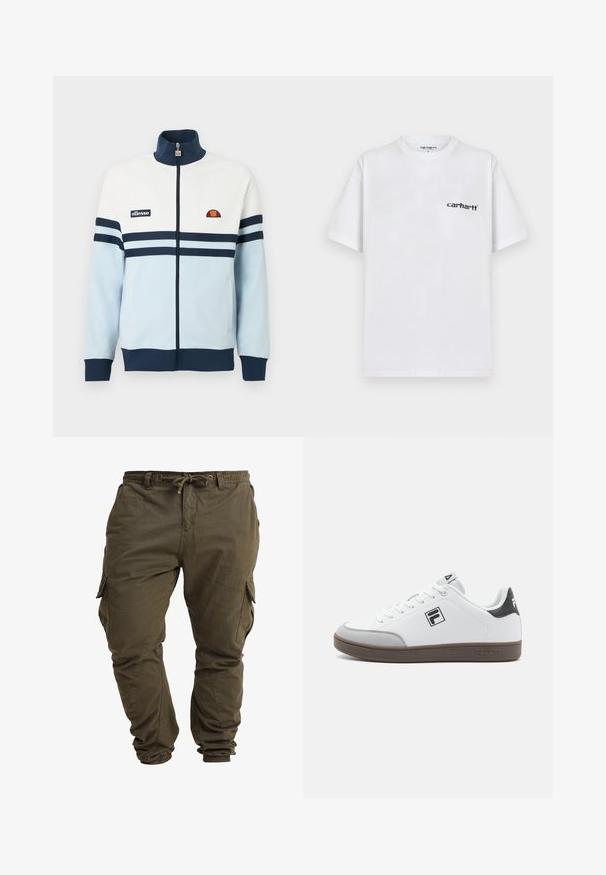 Lyseblå og hvid lynlåstrøje med marineblå striber og detaljer. Har en ribstrikket krave og manchetter samt et logo-patch på brystet.; Hvid bomulds T-shirt med korte ærmer, rund hals og sort Carhartt-logo på venstre bryst, glat tekstur og enkelt design.; Olivenfarvede cargo-bukser lavet af blød bomuld, med justerbar taljesnor, elastiske cuffs og sidelommer.; Hvide sportssko med grå accenter, der har en glat læderoverdel, rund tå, tykk brun gummisål og sort logo på hælen.