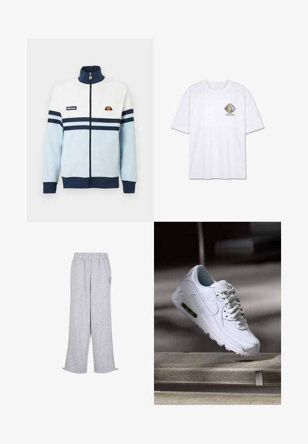 Veste zippée bleu clair et blanche avec des rayures et des accents bleu marine. Présente un col et des poignets côtelés, ainsi qu'un écusson logo sur la poitrine.; T-shirt blanc à manches courtes avec un petit motif orné en forme de trèfle et le texte « PEGADOR » sur la poitrine gauche.; Karl Kani Pantalon de survêtement - grey; Baskets blanches en cuir avec des surfaces texturées, un col rembourré et un amorti d'air visible dans la semelle. Elles possèdent des lacets et un design minimaliste.