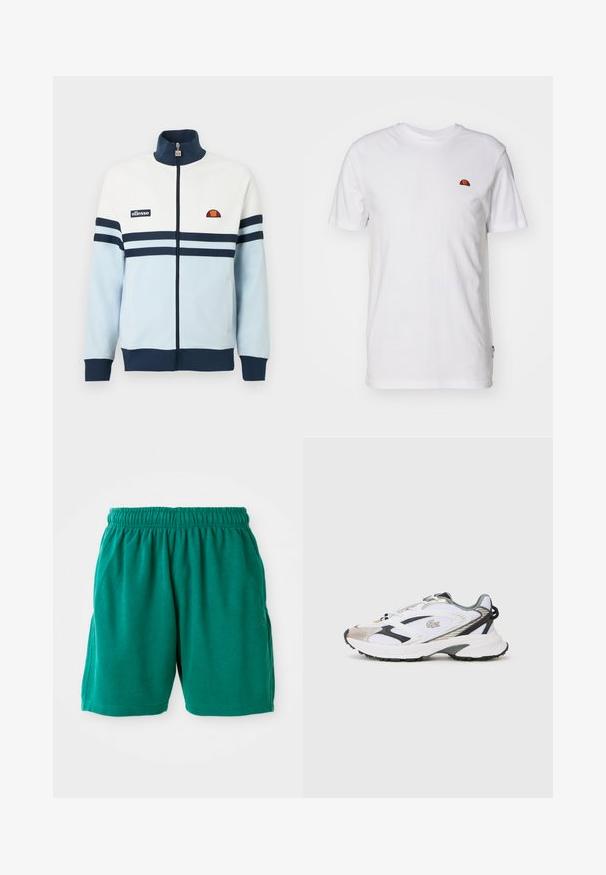 Lichtblauw-witte jas met ritssluiting, voorzien van marineblauwe strepen en accenten. Heeft een geribbelde kraag en manchetten, en een logopatch op de borst.; Eenvoudig wit T-shirt met korte mouwen met een klein rood-oranje halve cirkel logo op het bovenste linkerborstgedeelte.; Groene katoenen shorts met een elastische tailleband, zijzakken en gestikte zoom. Gladde textuur met een ontspannen, casual pasvorm.; Witte sportschoen met zilveren en zwarte accenten, een bovenwerk van mesh, een gestructureerde zool en een gestroomlijnd ontwerp met een logo aan de zijkant.