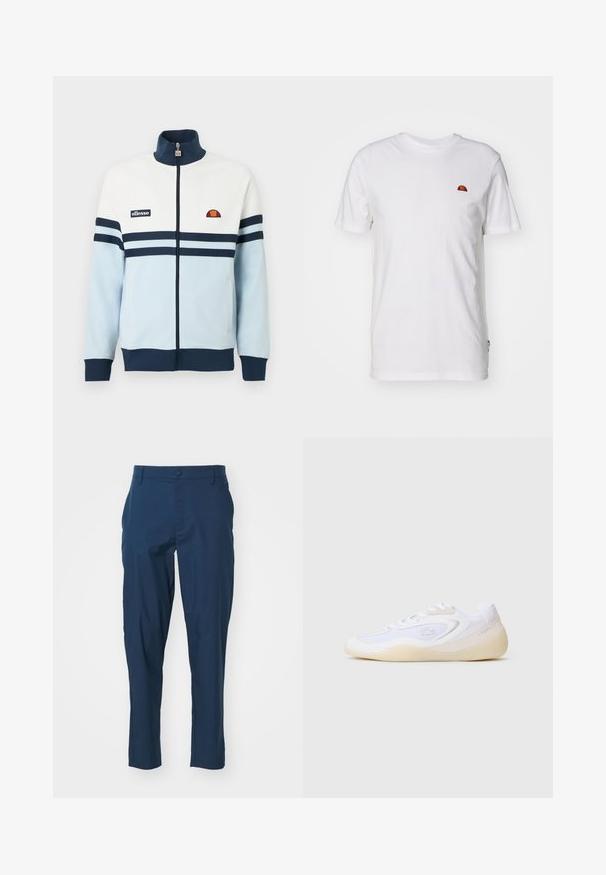 Hellblau-weiße Reißverschlussjacke mit marineblauen Streifen und Akzenten. Verfügt über einen gerippten Kragen und Bündchen sowie ein Logo-Patch auf der Brust.; Weißes Baumwoll-T-Shirt mit kurzen Ärmeln und Rundhalsausschnitt. Verfügt über ein kleines, farbenfrohes Logo auf der linken Brustseite. Weicher Stoff.; Marineblaue Hose aus glattem Stoff, körpernahe Passform, mit Fronttaschen und einem knöpfbaren Verschluss an der Taille. Keine sichtbaren Muster.; Weiße Sportsneaker mit einem schlanken Design, Materialien aus Mesh und Wildleder, geschwungener Form und einer Gummisohle mit minimalen Akzenten.