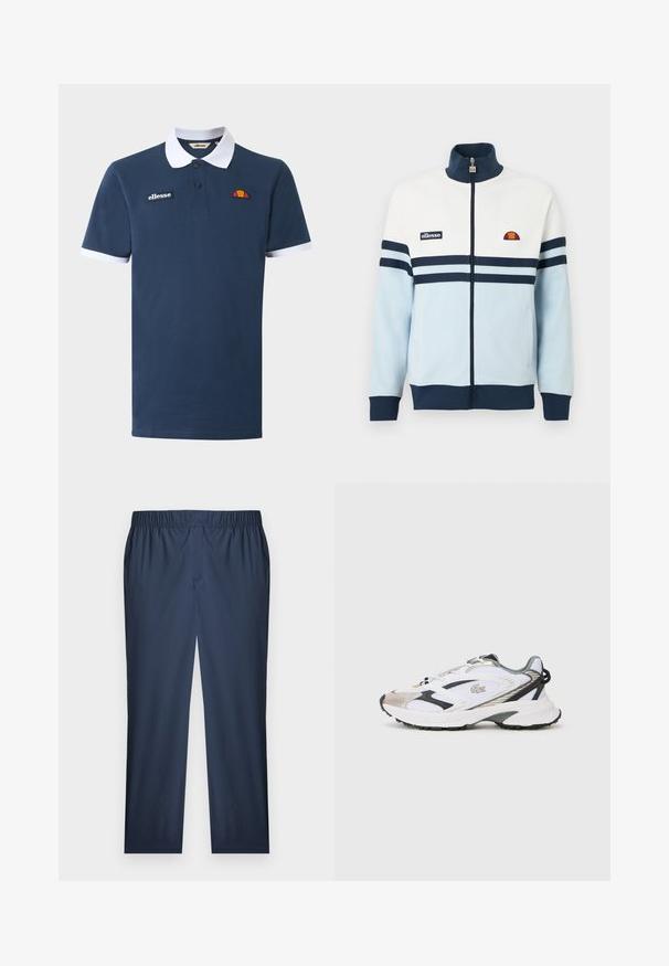 Veste zippée bleu clair et blanche avec des rayures et des accents bleu marine. Présente un col et des poignets côtelés, ainsi qu'un écusson logo sur la poitrine.; Polo bleu marine avec col blanc et bordures aux manches, patte à deux boutons, logo Ellesse et emblème orange-rouge sur la poitrine.; Pantalon à taille élastique bleu marine, coupe droite, en tissu légèrement texturé avec un devant plat.; Chaussure de sport blanche avec des accents argent et noir, tige en mesh, semelle texturée et un design épuré avec un logo sur le côté.