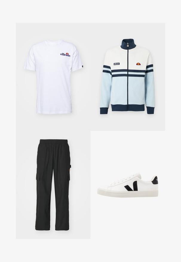 Hellblau-weiße Reißverschlussjacke mit marineblauen Streifen und Akzenten. Verfügt über einen gerippten Kragen und Bündchen sowie ein Logo-Patch auf der Brust.; Weißes Baumwoll-T-Shirt mit kurzen Ärmeln, das ein marineblaues gesticktes Logo auf der linken Brust und einen lebhaften Farbakzent über dem Logo präsentiert.; Schwarze Cargo-Hosen aus leichtem Stoff, mit zwei seitlichen Taschen, einem elastischen Taillenbund und einer lockeren Passform.; Weiße Leder-Sneaker mit schwarzen Wildlederelementen; verfügen über eine Gummisohle, eine runde Spitze und ein klassisches Schnürdesign. Seitliches Logo in Schwarz.