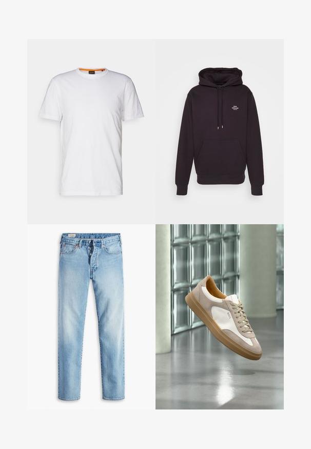 Mørk lilla hættetrøje lavet af blødt stof, med en frontlomme, snoretræk ved hætten og et lille hvidt logo på brystet. Strukturerede manchetter og kant.; Hvid bomulds T-shirt med rund hals, korte ærmer og et subtilt præget logo på brystet. Indvendigt mærke har en orange detalje.; Lyseblå denimjeans med lige ben, der har fem lommer, bæltestropper og lukning med knapper.; Beige og hvid sneaker med tan sål og "BOSS" logo, ophængt over en reflekterende glat gulv med glasblokvæg i baggrunden.