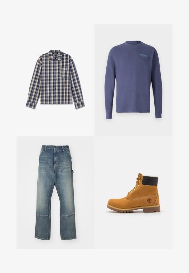 Penfield WINTER MOUNTAIN - Langærmet T-shirt - blue indigo; Langærmet ternet skjorte i marineblå og crème med knaplukning foran, krave og en lille brystlomme med hvid tekst.; Lysblå jeans med afslappet pasform, lavet af denim. Har vide ben, store forlommer og kontraststing-detaljer.; Brune læder ankelstøvle med metaløjer, hvid pelsforing, sort polstret krave, robust sål og præget logo på siden.