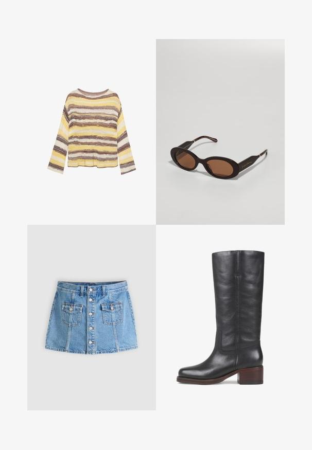 Pull en maille à manches longues avec des rayures horizontales dans des tons jaunes, marron et beige, avec un col rond.; Mini-jupe en denim bleu clair avec fermeture à boutons sur le devant et deux poches à rabat, posée à plat sur un fond neutre.; Botte noire en cuir, arrivant au genou, avec une texture lisse, un bout carré et un talon en bois empilé. Présente des coutures discrètes et un design de couture sur le côté.; Giorgio Armani Lunettes de soleil - brown