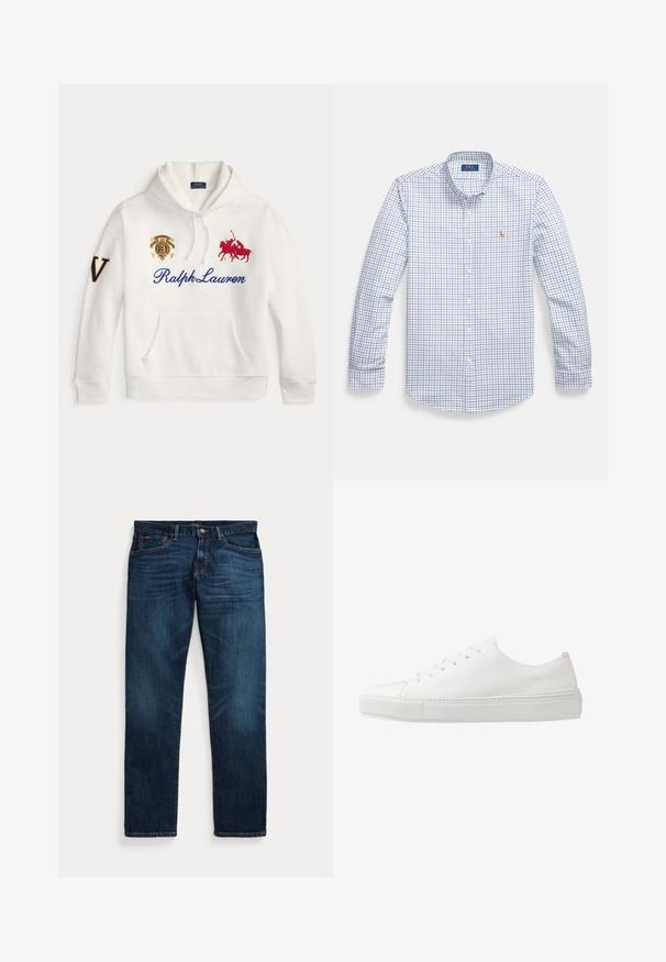 Valkoinen huppari, jossa sinisellä teksti Ralph Lauren, kirjailtu punainen polopelaajan logo, rintapielessä vaakuna ja vasemmassa hihassa iso kirjain V.; Miesten pitkähihainen valkoinen nappipaita, jossa on sininen ja punainen ruutukuosi. Siinä on kaulus ja pieni brodeerattu logo rinnassa.; Tummansiniset farkut, joissa on hieman haalistumat reisiä ja taskuja kohden, napillinen ja vetoketjullinen suljenta sekä viisitäppinen taskumalli, aseteltu tasaiselle valkoiselle taustalle.; Valkoinen nahkakengät, joissa on sileä pinta, pyöreä kärki ja kuusi nauhojen reikää. Varustettu teksturoitulla kumipohjalla ja minimalistisella muotoilulla.
