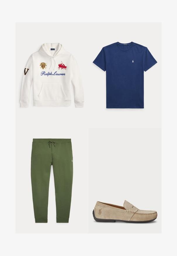 Valkoinen huppari, jossa sinisellä teksti Ralph Lauren, kirjailtu punainen polopelaajan logo, rintapielessä vaakuna ja vasemmassa hihassa iso kirjain V.; Laivastonsininen, lyhythihainen t-paita pyöreällä kaula-aukkolla, jossa vasemmassa rinnassa pieni valkoinen Polo Ralph Lauren -logo.; Oliivinvihreät juoksuhousut, joissa säädettävä nyörivyötärö ja pieni valkoinen kirjailtu logo oikeassa reisessä.; Beige mokasíny z semišu s prešívaním, plochou gumovou podrážkou a malým logom na boku. Klasický dizajn na obutie, jemná textúra.