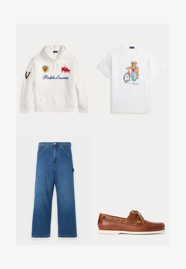 Witte hoodie met blauwe Ralph Lauren tekst, geborduurd rood polo speler logo, embleem op de borst en grote letter V op de linkermouw.; Wit T-shirt met een beer die een zonnebril, spijkerbroek en jas draagt, staand naast een rode fiets met de tekst Polo Bear by Ralph Lauren.; Blauwe denim wijduitlopende broek met knoop en rits aan de voorkant, schuine voorzakken en een lusdetail aan de zijkant.; Bruine leren bootschoen met witte zool, veter gestrikt bovenaan en metalen veterogen langs de zijkanten en voorste stiksels.