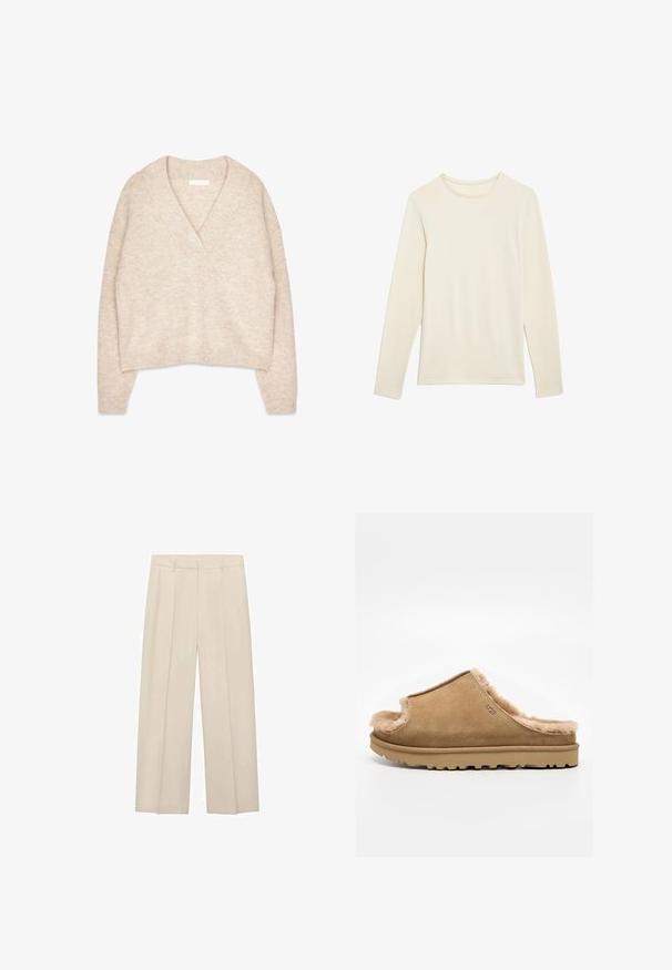 Suéter de punto beige con un profundo escote en V, mangas anchas y un diseño recortado. La textura es suave y ligeramente moteada. Sin cierres.; Camisa de manga larga color crema en una tela suave y lisa con un cuello redondo y un diseño minimalista. Sin patrones ni acentos adicionales.; Pantalones de pierna ancha beige con una textura suave, dos pliegues frontales, una cintura ajustada y sin bolsillos visibles ni detalles de hardware.; Zapatilla beige de ante tipo mocasín con interior de forro polar suave y suela de goma, con un logo lateral de UGG sobre un fondo blanco liso.