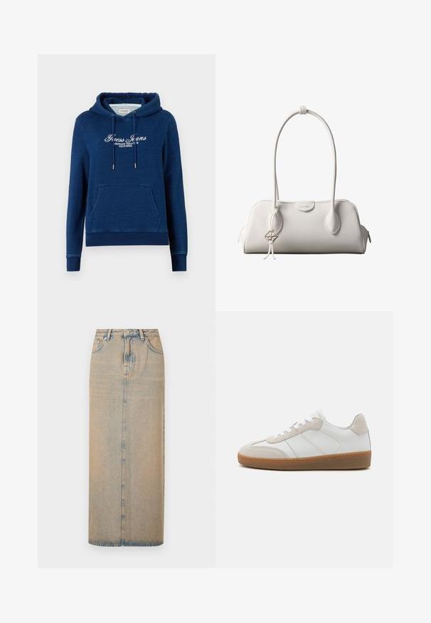 Sweat à capuche bleu marine avec poche kangourou avant, capuche à cordon de serrage et texte blanc « Guess Jeans American Tradition California » sur la poitrine.; Une longue jupe en denim bleu clair avec une coupe droite. Comprend cinq poches, des passants de ceinture et un multiplicateur de boutons à l'avant. Texture décolorée sur toute la surface.; Baskets en cuir blanc avec des accents en suède beige, languette texturée et semelle en caoutchouc. Elles sont dotées de lacets blancs et de détails couture subtils.; Sac à bandoulière blanc Calvin Klein avec longues poignées, forme rectangulaire, fermeture éclair et charm logo décoratif suspendu près de la poignée.