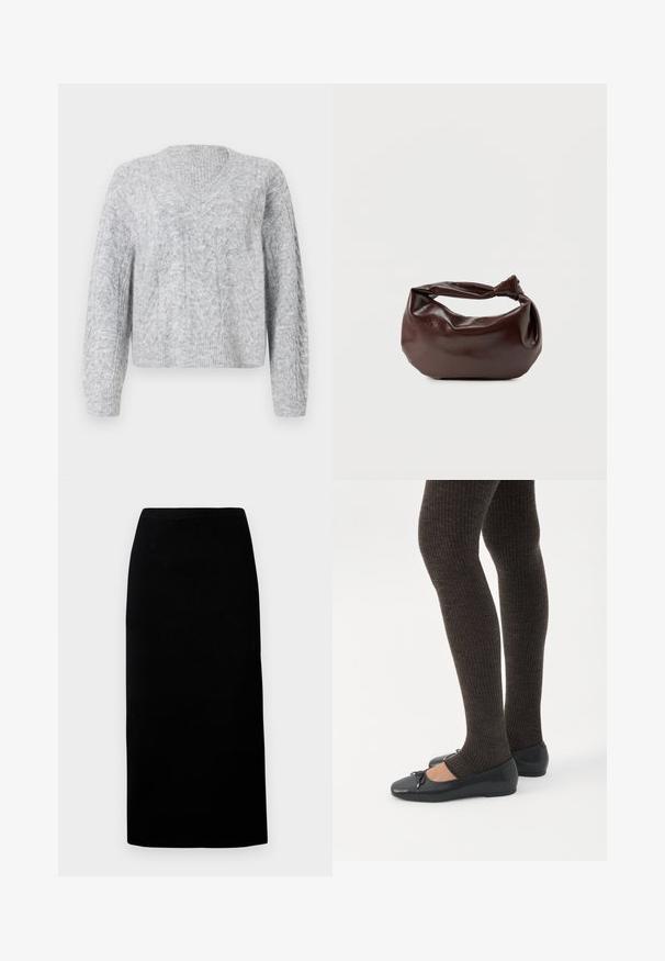 Grå strikket sweater med v-hals, der har et tekstureret mønster og ribbede manchetter. Løse lange ærmer og cropped længde. Blødt materiale.; Sort midiskørt lavet af blødt stof, med lige snit og elastisk talje, med en glat tekstur og uden synlige mønstre eller detaljer.; Ben iført mørke ribbede leggings kombineret med sorte balletsko med små sløjfedetaljer på hvid baggrund.; Mørkebrun læder skuldertaske med en blød, afslappet form og et snoet knudehåndtag på en ensartet hvid baggrund.
