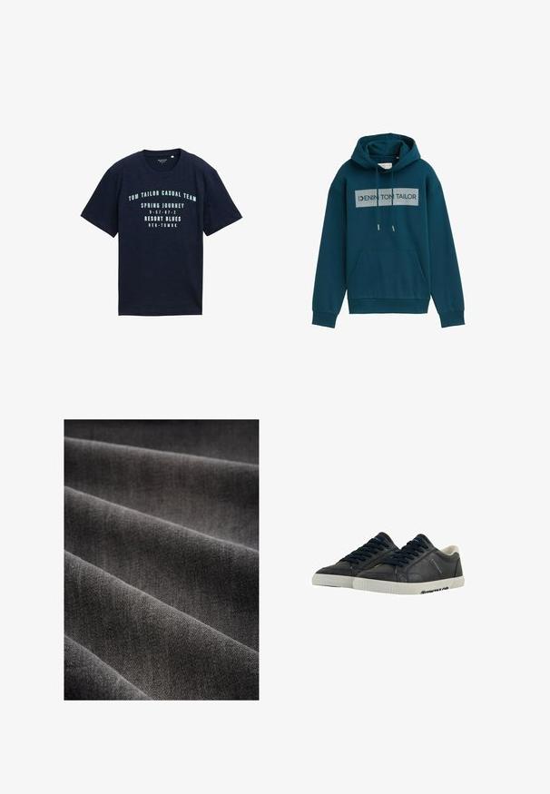 Teal hoodie gemaakt van een katoenmix. Bevat een voorkeurszak, ribgebreide manchetten en een grijze bedrukte logo op het borstgebied.; Marineblauwe katoenen t-shirt met korte mouwen, ronde halslijn, met gedeeltelijk bedrukte witte tekst en cijfers op de voorkant in een casual ontwerp.; Donkergrijze stof met een zachte textuur, weergegeven in plooien. De weving is strak, wat een gladde, uniforme oppervlakte laat zien.; Marine leren sneakers met witte rubberen zolen, ronde neus en zwarte veters. Subtiele texturen en branding aan de zijkanten. Casual ontwerp.
