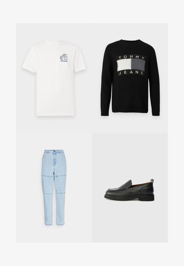 Zwarte gebreide trui met een ronde hals, voorzien van een centraal logo in witte en grijze rechthoekige blokken en geribbelde manchetten en zoom.; Wit T-shirt met korte mouwen van katoen, voorzien van een blauwe graphic op de borst van een wasbeer naast een vuilnisbak en de tekst "STANCE."; Lichtblauwe denim jeans met een hoge taille, rechte pijpen en horizontale naadaccenten over de knieën. Voorzien van een knoopsluiting en zakken.; Zwarte leren instapschoen met een ronde neus, een gestructureerde bovenzijde, contrasterende rode stiksels en een lage hak. Voorzien van een lusvormige trekstrip.