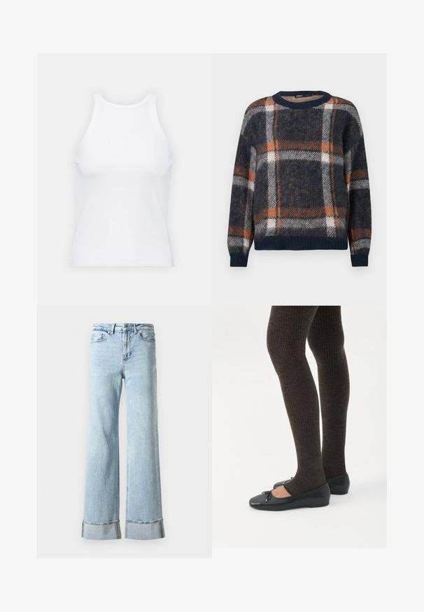 Uldtrøje med en navy blå bundfarve og et ternet mønster i orange og hvid. Rund hals, løs pasform og ribbede manchetter og kant.; Hvid ærmeløs tanktop lavet af ribbet stof, med en rund halsudskæring og en tætsiddende silhuet, med minimale sømme og ingen pynt.; Lysblå denim jeans med brede ben, frynset kant og dekorative rhinsten detaljer ved manchetterne. Standard fem-lomme design.; Ben iført mørke ribbede leggings kombineret med sorte balletsko med små sløjfedetaljer på hvid baggrund.