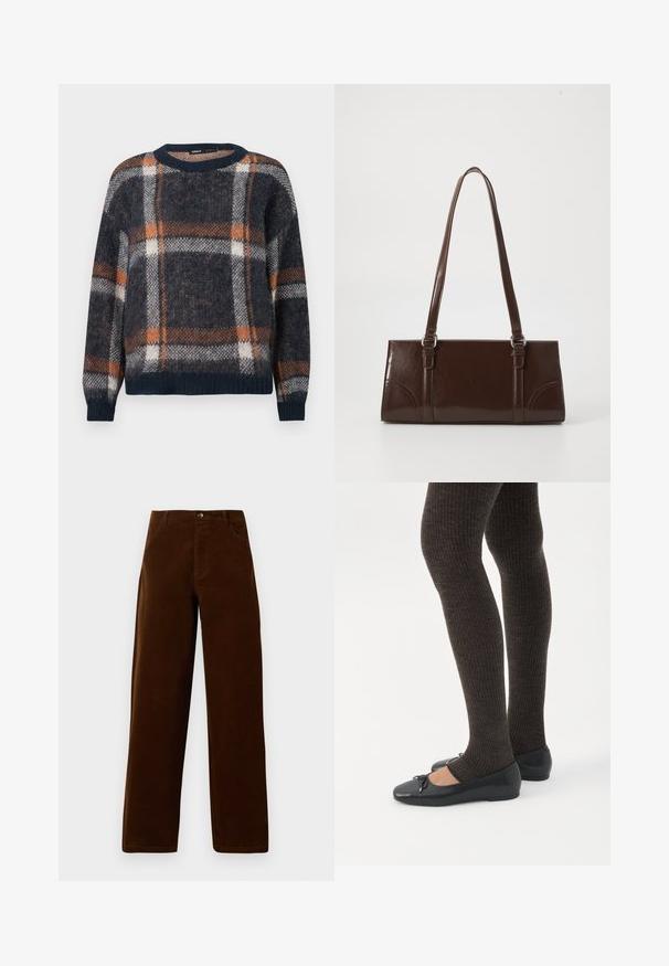 Pull en laine avec une base bleu marine et un motif à carreaux orange et blanc. Col rond, coupe ample, et poignets et ourlet côtelés.; Pantalons droits en velours côtelé marron avec poches devant, passants de ceinture et fermeture à bouton sur fond blanc.; Jambes portant des leggings côtelés foncés associés à des ballerines noires avec de petits détails en nœud sur fond blanc.; Sac à main en cuir verni marron de forme rectangulaire, avec deux longues poignées et des accents courbés subtils à l'avant.