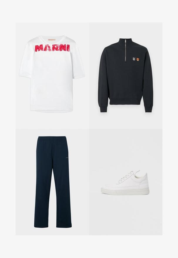 Sort kvart-lynlås sweatshirt med høj krave, lange ærmer og broderede grå ulv- og orange rævehoveder på venstre bryst.; Hvid kortærmet t-shirt med bred rund halsudskæring og trykt "MARNI" logo i rød, med en let struktureret stof.; Marineblå joggingbukser lavet af blødt stof, med elastisk talje og afslappet pasform. Ingen synlige mønstre eller metaldele.; Hvid lædersneaker med rundet tå, flad sål og snørebånd foran. Har syningsdetaljer og polstret krave for komfort.