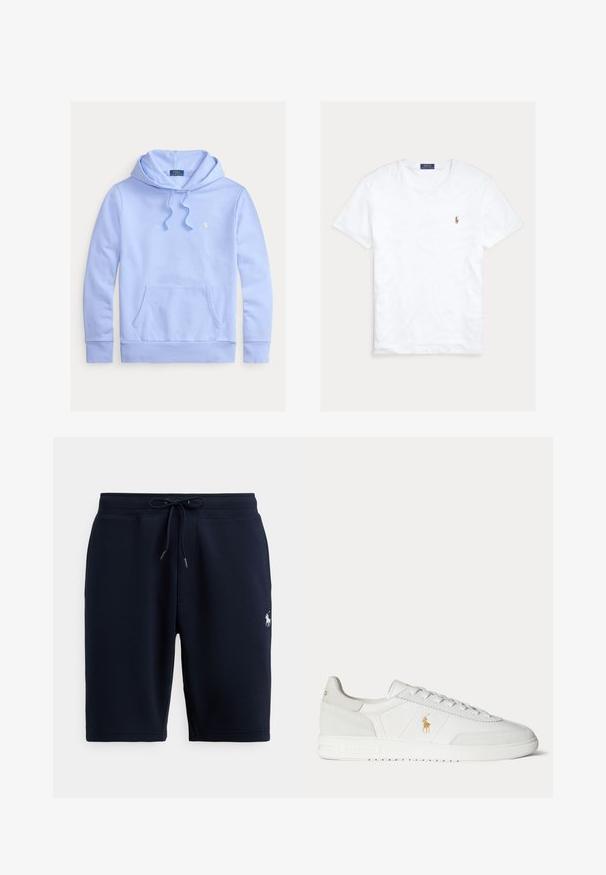 Sweat à capuche Polo Ralph Lauren bleu clair avec poche avant, capuche à cordon et petit logo brodé sur la poitrine gauche.; T-shirt blanc à col rond et manches courtes avec petit logo Polo Ralph Lauren brodé sur la poitrine gauche et étiquette de marque bleue à l’intérieur du col.; Shorts de sport en coton bleu marine avec taille élastique, cordon de serrage et logo sur le côté gauche. Texture lisse, longueur au genou.; Baskets basses blanches avec design à lacets, logo Polo Ralph Lauren doré sur le côté et semelle texturée sur fond uni.