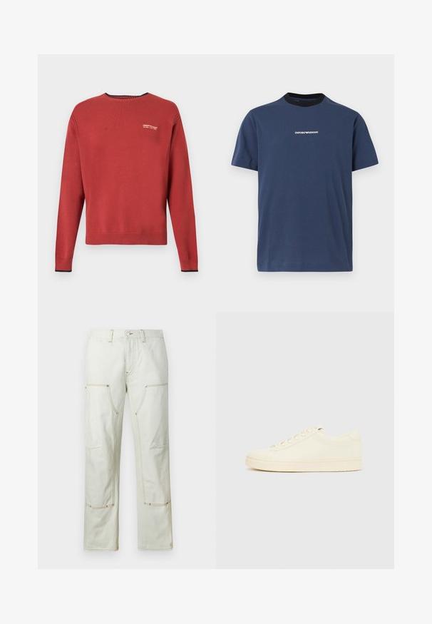 Pull rouge à manches longues avec col rond, poignets et bas côtelés, avec petit logo blanc Armani Exchange sur le côté gauche de la poitrine.; T-shirt bleu marine à manches courtes avec col rond noir et petit logo blanc Emporio Armani centré sur la poitrine.; Pantalons cargo beige clair en coton, dotés de plusieurs poches, de coutures contrastantes et d'une coupe droite. Texture de tissu durable.; Baskets couleur crème avec une tige en cuir lisse, bout arrondi, laçage à l'avant et semelle en caoutchouc texturée. Design minimaliste, sans logo.