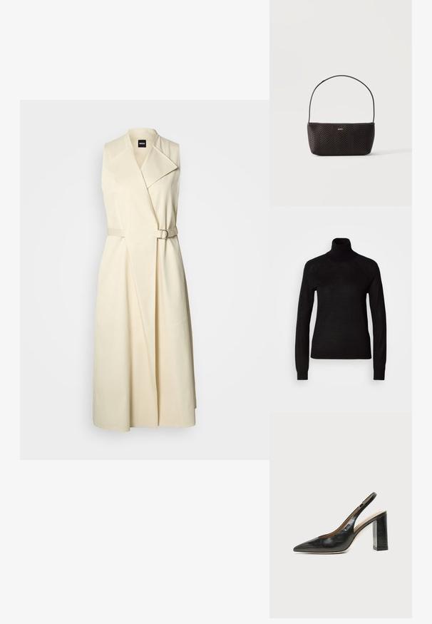 Pull à col roulé noir en tissu tricot léger. Avec des manches longues et une silhouette ajustée dotée de coutures raglan.; Trench-coat long beige sans manches avec de larges revers et une ceinture assortie avec boucle autour de la taille.; Chaussure slingback en cuir noir à bout pointu avec un talon bloc haut et une doublure intérieure beige sur un fond clair uni.; Sac à main noir tissé texturé avec une seule bandoulière et un petit logo doré "BOSS" au centre devant.