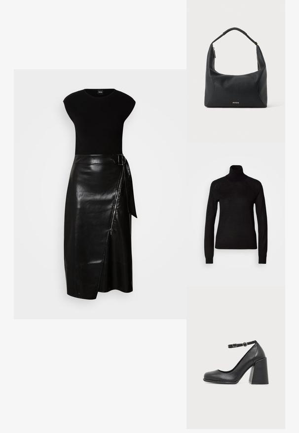 Suéter negro de cuello alto hecho de un tejido de punto ligero. Presenta mangas largas y una silueta ajustada con costuras raglán.; Vestido negro con parte superior ajustada y una falda de cuero fluida de largo midi. La falda tiene un cierre lateral y un lazo de tela en la cintura.; Zapato de piel negra con tacón alto, punta redondeada y tacón grueso en bloque, con una correa ajustable en el tobillo con una pequeña hebilla redonda.; Bolso de hombro de cuero negro con asa trenzada, detalle de cremallera dorada y pequeño logo "HUGO" dorado en el centro frontal.