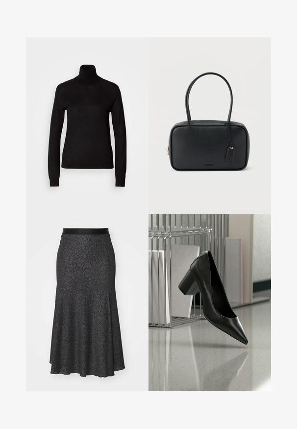 Schwarzer Rollkragenpullover aus leichtem Strickmaterial. Mit langen Ärmeln und einer figurbetonten Silhouette mit Raglanärmeln.; Schwarzer, glitzernder A-Linien-Rock mit glattem Bund, aus strukturiertem Material, mit längerem hinterem Saum und subtilen Glitzereffekten.; Schwarzer spitzer High-Heel-Schuh aus Leder mit Blockabsatz schwebt über einem reflektierenden Boden in der Nähe eines Metall-Aktenordners mit Dokumenten.; Schwarze rechteckige Handtasche mit doppelten, abgerundeten Griffen, goldfarbenem Reißverschluss und geprägtem „HUGO“-Logo auf der Vorderseite sowie angebrachtem Lederanhänger.