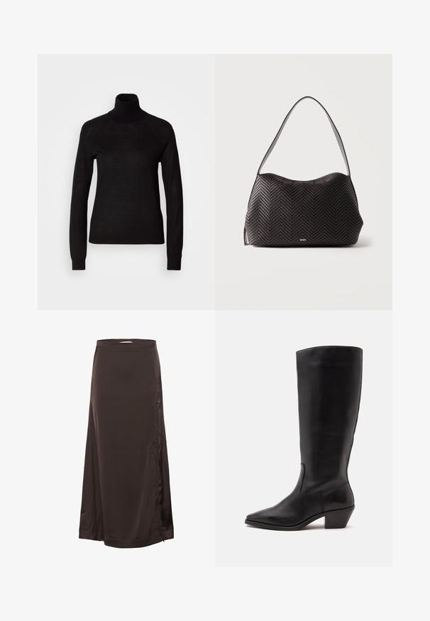 Sort turtleneck sweater lavet af et let strikket stof. Har lange ærmer og en tætsiddende silhuet med raglan-sømme.; Lang, mørkebrun satin skørt med en tætsiddende talje og subtil splittelse i siden, glat tekstur og let shine.; Sort læderstøvle til midtkalv med spids tå og lavt skråt hæl på en enkel lys baggrund.; Sort vævet læder skuldertaske med enkelt rem og lille gyldent "BOSS" logo foran i midten.