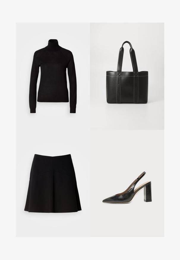Sort turtleneck sweater lavet af et let strikket stof. Har lange ærmer og en tætsiddende silhuet med raglan-sømme.; Sort flagrende nederdel lavet af blødt stof, med en tætsiddende talje og sømdetaljer. Glat tekstur med et enkelt, klassisk design.; Sort læder peep-toe slingback sko med høj blokhæl og beige indvendig foring mod en ensfarvet lys baggrund.; Sort læder tote taske med to hanke, med kontrasterende hvid syning og præget "HUGO" branding på de lodrette stropper.