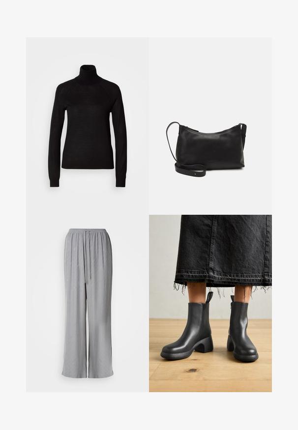 Suéter negro de cuello alto hecho de un tejido de punto ligero. Presenta mangas largas y una silueta ajustada con costuras raglán.; Pantalones de pierna ancha de color gris claro, hechos de una tela suave, con una cintura elástica y cordón de ajuste, y sutiles patrones diagonales.; Botines de cuero negro con tacón grueso y cremallera lateral, que presentan una suela texturizada y una lengüeta para ponerlos fácilmente.; Bolso de hombro de cuero negro con una textura suave, forma curvada, correa ajustable y cierre con cremallera. Diseño minimalista sin adornos.
